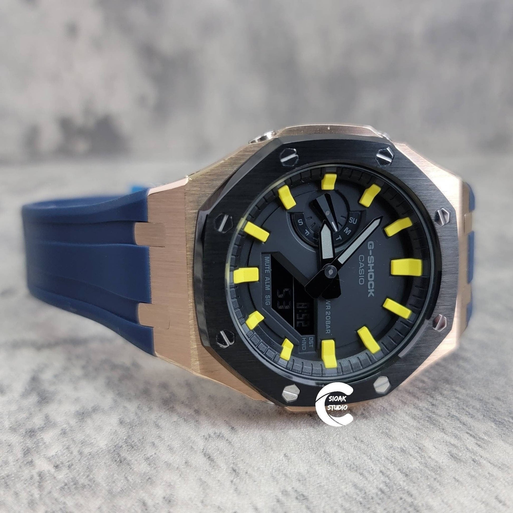 Casioak Mod Watch Black Rose Gold Case Blue Rubber Strap Black Yellow Time Mark Black Dial 44mm- Casioak Mod Casio G-Shock Royal Oak Custom Mens Luxury Watches Ga2100