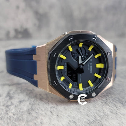 Casioak Mod Watch Black Rose Gold Case Blue Rubber Strap Black Yellow Time Mark Black Dial 44mm- Casioak Mod Casio G-Shock Royal Oak Custom Mens Luxury Watches Ga2100