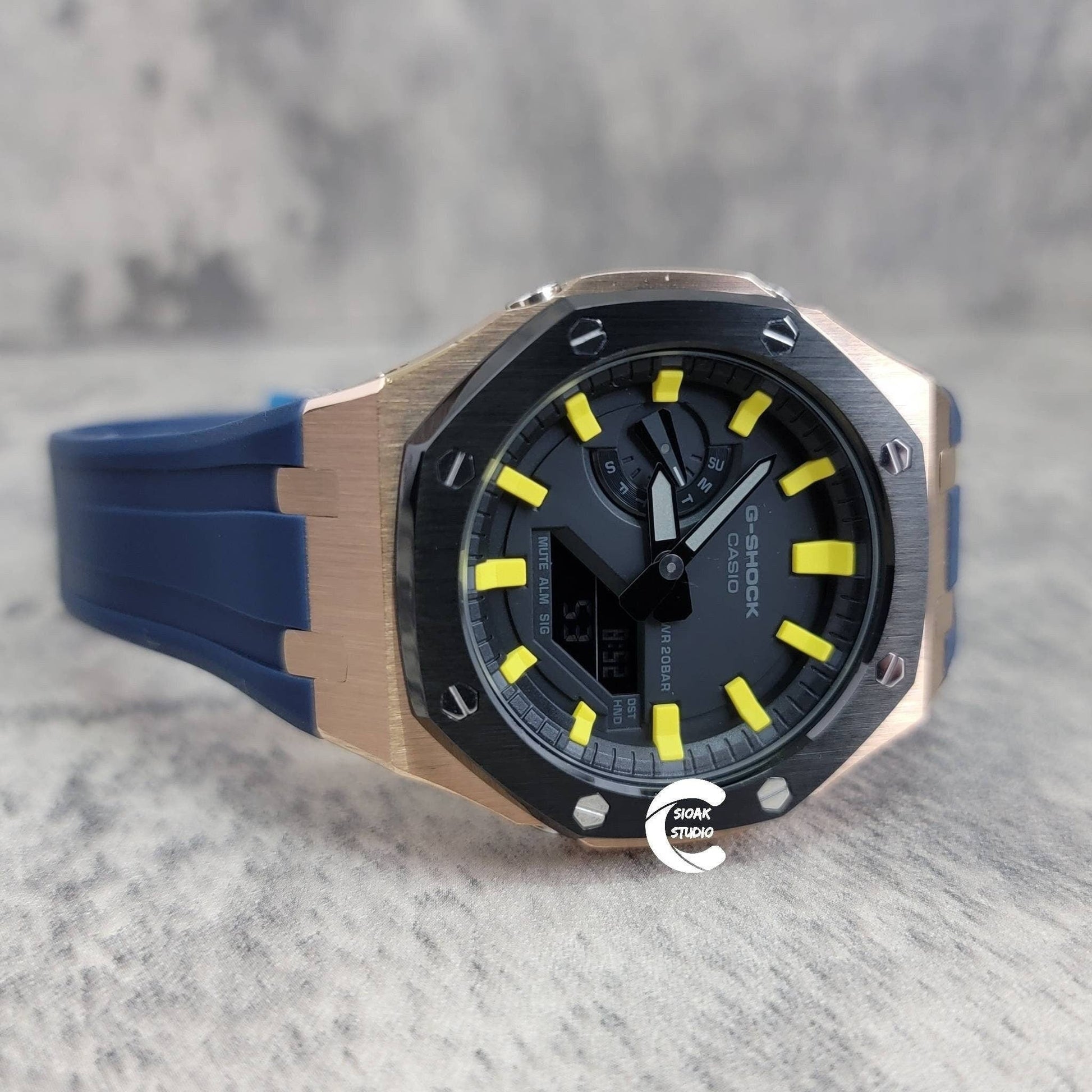 Casioak Mod Watch Black Rose Gold Case Blue Rubber Strap Black Yellow Time Mark Black Dial 44mm- Casioak Mod Casio G-Shock Royal Oak Custom Mens Luxury Watches Ga2100