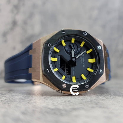 Casioak Mod Watch Black Rose Gold Case Blue Rubber Strap Black Yellow Time Mark Black Dial 44mm- Casioak Mod Casio G-Shock Royal Oak Custom Mens Luxury Watches Ga2100