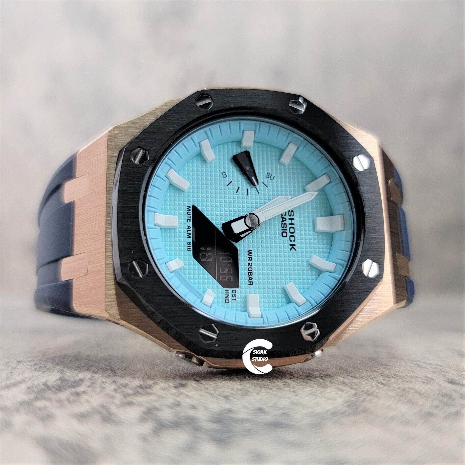 Casioak Mod Watch Black Rose Gold Case Blue Rubber Strap Tiff White Time Mark Tiff Blue Dial 44mm- Casioak Mod Casio G-Shock Royal Oak Custom Mens Luxury Watches Ga2100