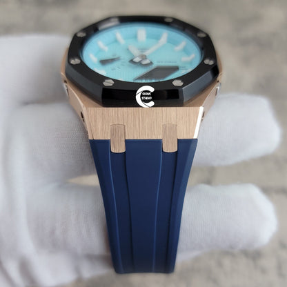 Casioak Mod Watch Black Rose Gold Case Blue Rubber Strap Tiff White Time Mark Tiff Blue Dial 44mm- Casioak Mod Casio G-Shock Royal Oak Custom Mens Luxury Watches Ga2100