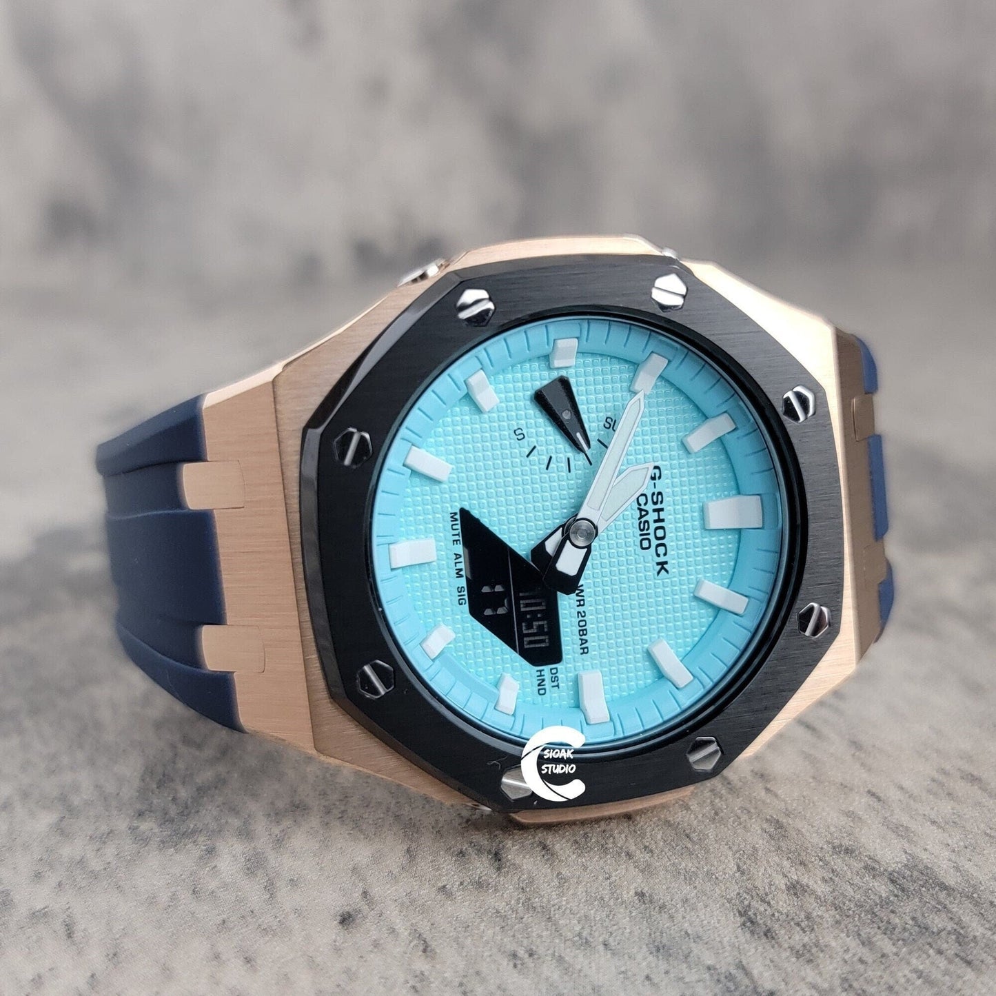 Casioak Mod Watch Black Rose Gold Case Blue Rubber Strap Tiff White Time Mark Tiff Blue Dial 44mm- Casioak Mod Casio G-Shock Royal Oak Custom Mens Luxury Watches Ga2100