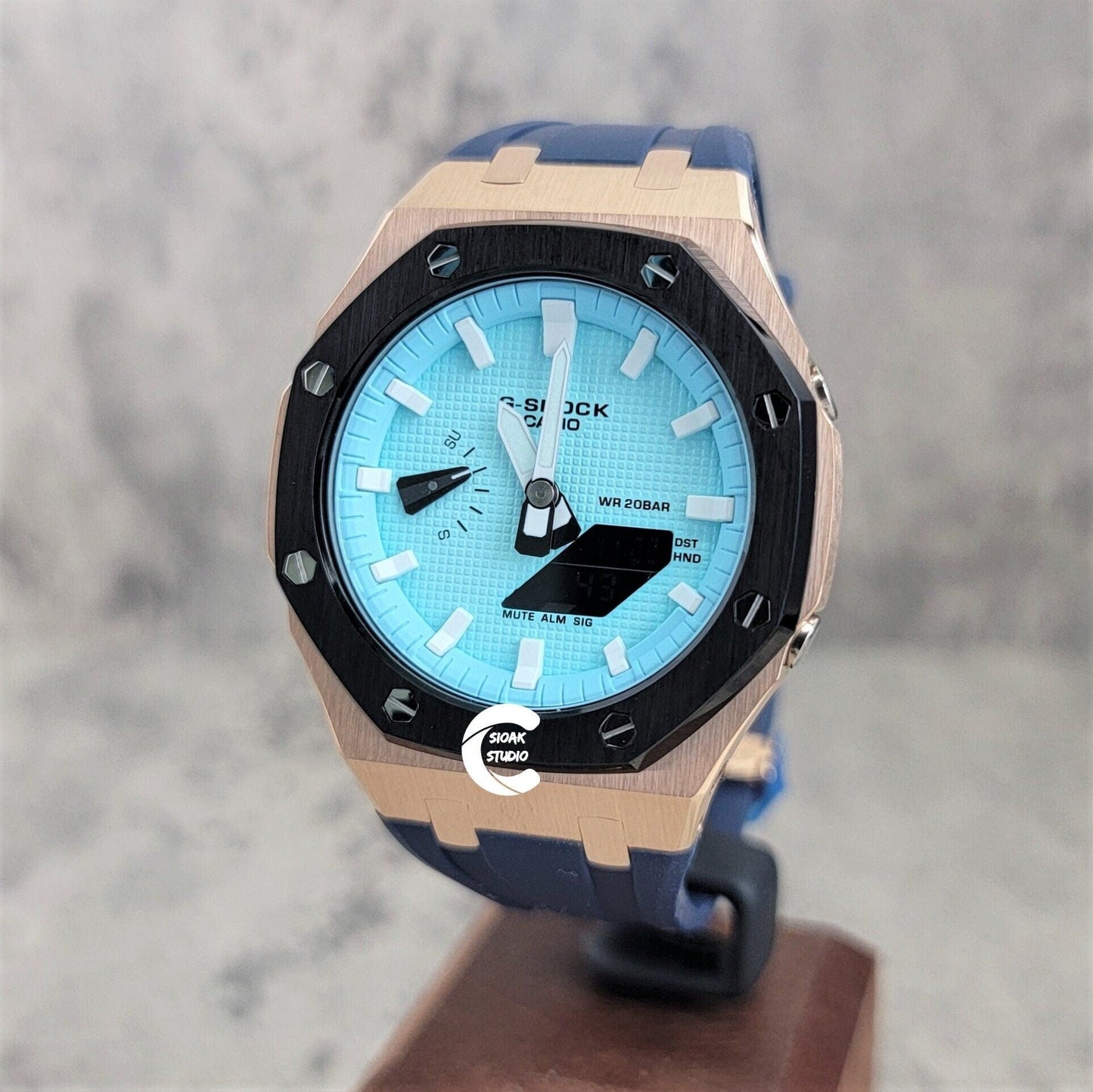 Casioak Mod Watch Black Rose Gold Case Blue Rubber Strap Tiff White Time Mark Tiff Blue Dial 44mm- Casioak Mod Casio G-Shock Royal Oak Custom Mens Luxury Watches Ga2100