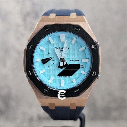 Casioak Mod Watch Black Rose Gold Case Blue Rubber Strap Tiff White Time Mark Tiff Blue Dial 44mm- Casioak Mod Casio G-Shock Royal Oak Custom Mens Luxury Watches Ga2100