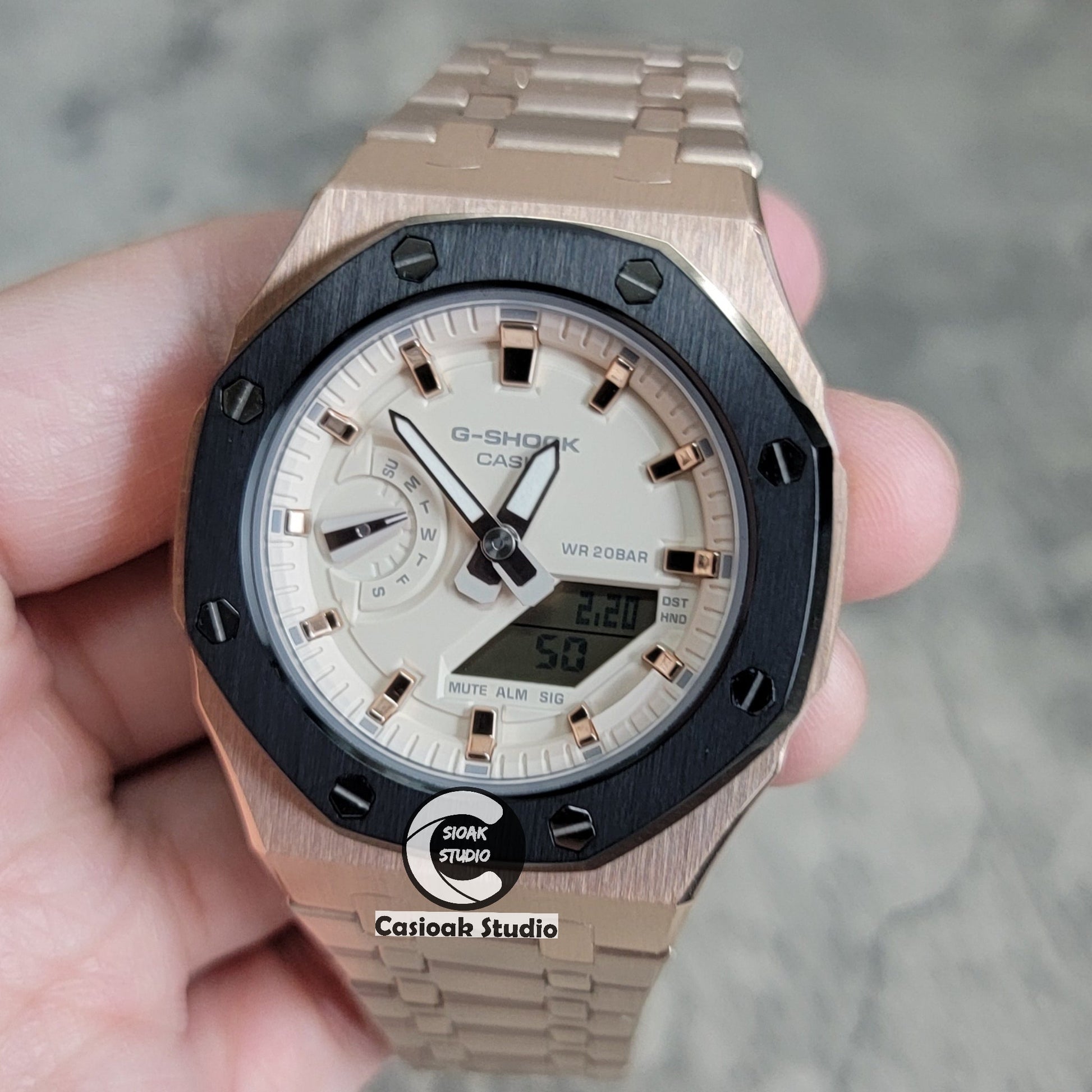 Casioak Mod Watch Black Rose Gold Case Metal Strap Beige Rose Gold Time Mark Beige Dial 42mm- Casioak Mod Casio G-Shock Royal Oak Custom Mens Luxury Watches Ga2100