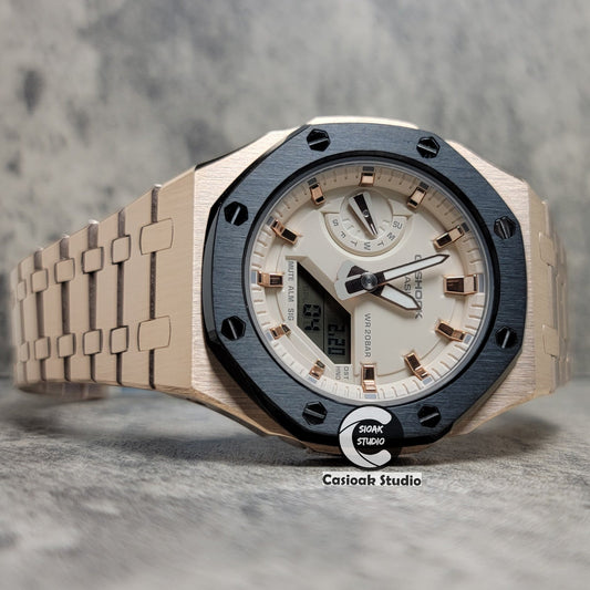 Casioak Mod Watch Black Rose Gold Case Metal Strap Beige Rose Gold Time Mark Beige Dial 42mm- Casioak Mod Casio G-Shock Royal Oak Custom Mens Luxury Watches Ga2100