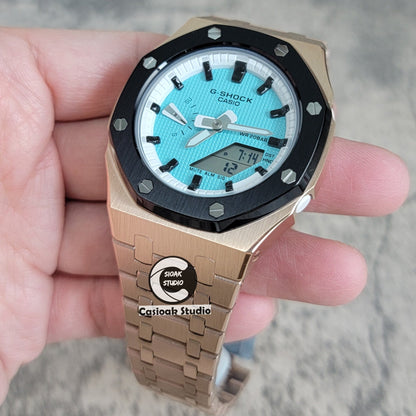 Casioak Mod Watch Black Rose Gold Case Metal Strap White Black Time Mark Tiff Blue Dial 42mm- Casioak Mod Casio G-Shock Royal Oak Custom Mens Luxury Watches Ga2100