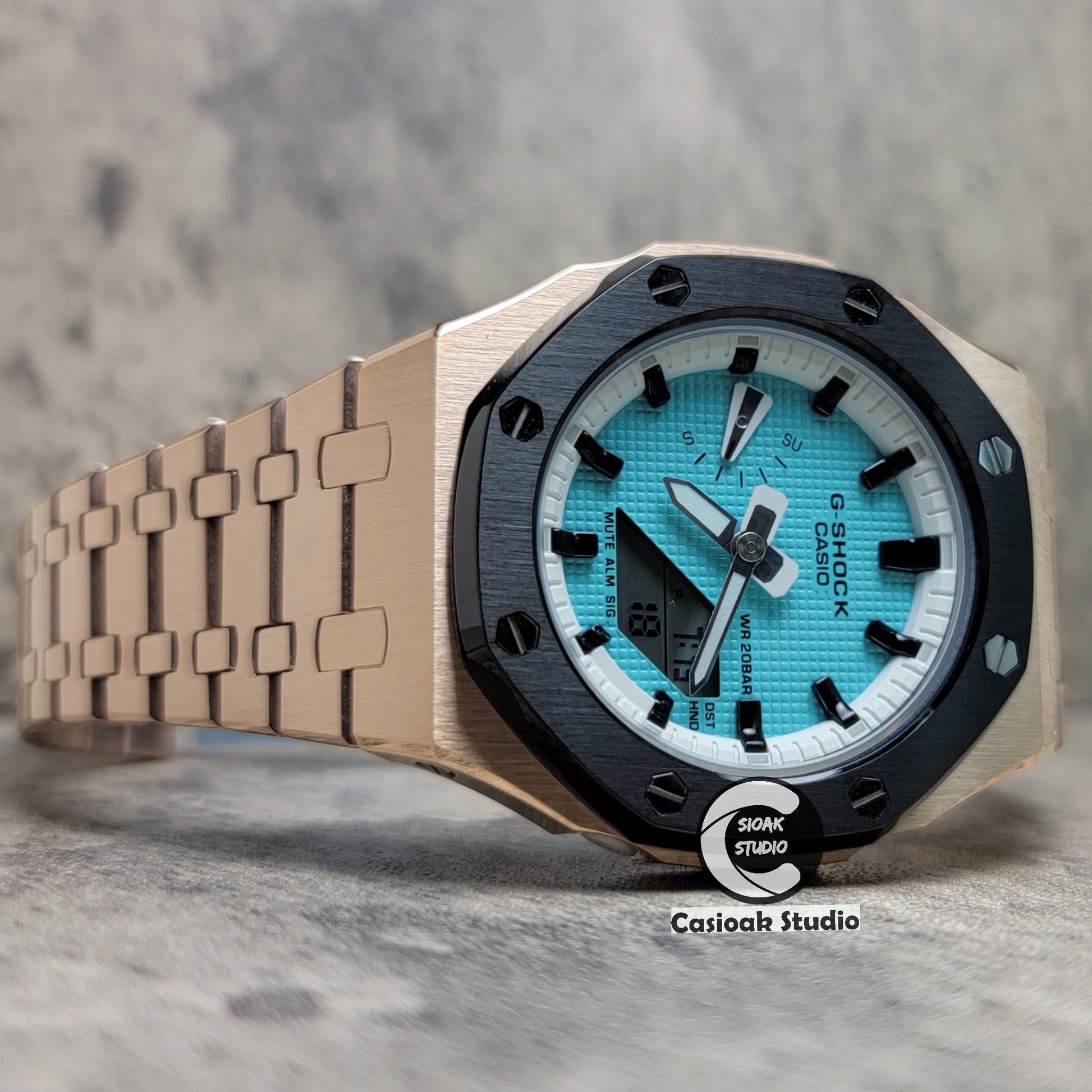 Casioak Mod Watch Black Rose Gold Case Metal Strap White Black Time Mark Tiff Blue Dial 42mm- Casioak Mod Casio G-Shock Royal Oak Custom Mens Luxury Watches Ga2100