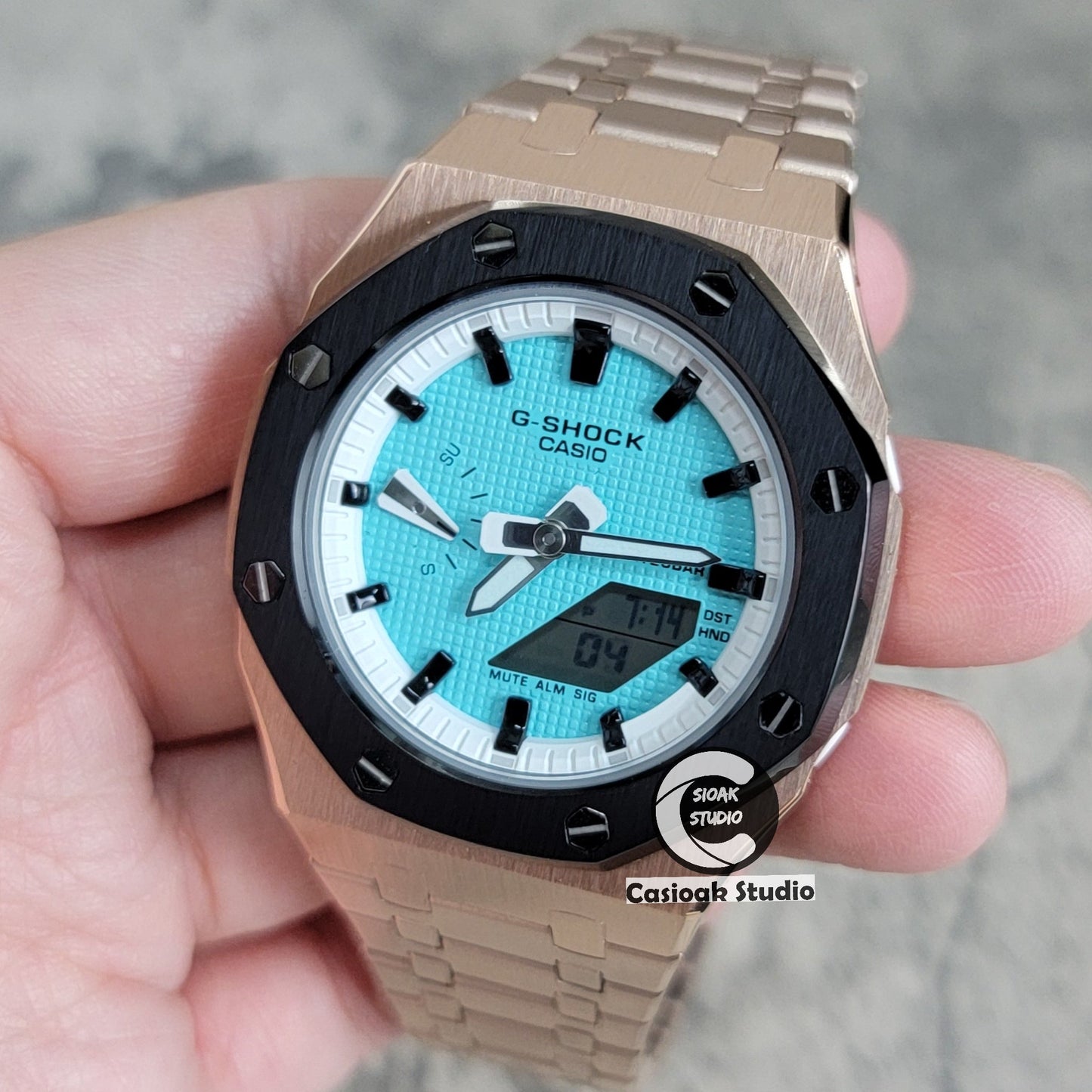 Casioak Mod Watch Black Rose Gold Case Metal Strap White Black Time Mark Tiff Blue Dial 42mm- Casioak Mod Casio G-Shock Royal Oak Custom Mens Luxury Watches Ga2100