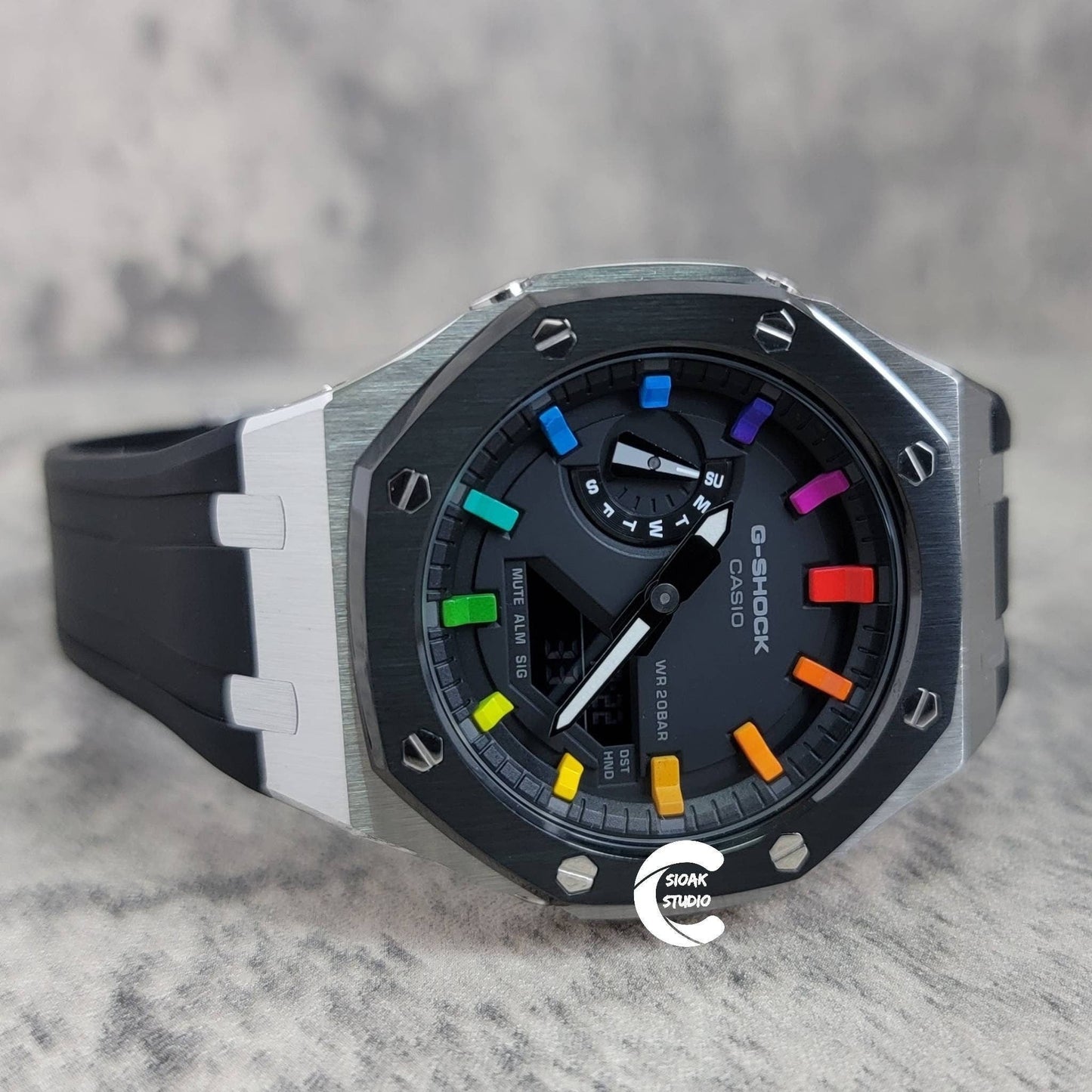 Casioak Mod Watch Black Silver Case Black Rubber Strap Black Rainbow Time Mark Black Dial 44mm- Casioak Mod Casio G-Shock Royal Oak Custom Mens Luxury Watches Ga2100