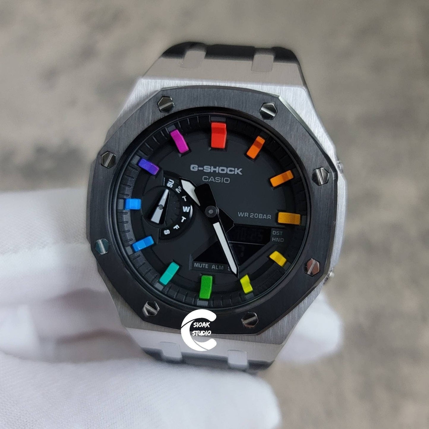 Casioak Mod Watch Black Silver Case Black Rubber Strap Black Rainbow Time Mark Black Dial 44mm- Casioak Mod Casio G-Shock Royal Oak Custom Mens Luxury Watches Ga2100