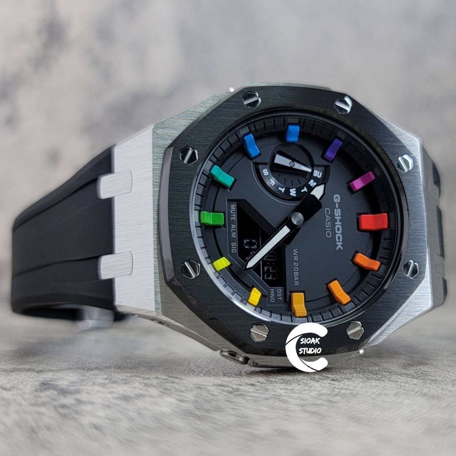 Casioak Mod Watch Black Silver Case Black Rubber Strap Black Rainbow Time Mark Black Dial 44mm- Casioak Mod Casio G-Shock Royal Oak Custom Mens Luxury Watches Ga2100