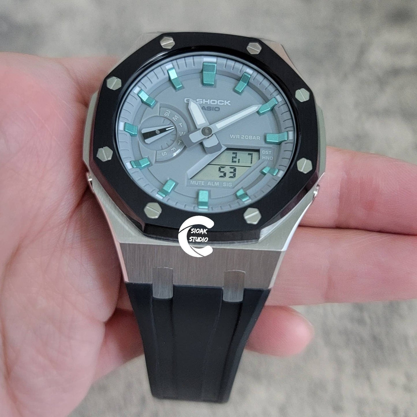 Casioak Mod Watch Black Silver Case Black Rubber Strap Light Gray Turquoise Time Mark Gray Dial 44mm- Casioak Mod Casio G-Shock Royal Oak Custom Mens Luxury Watches Ga2100