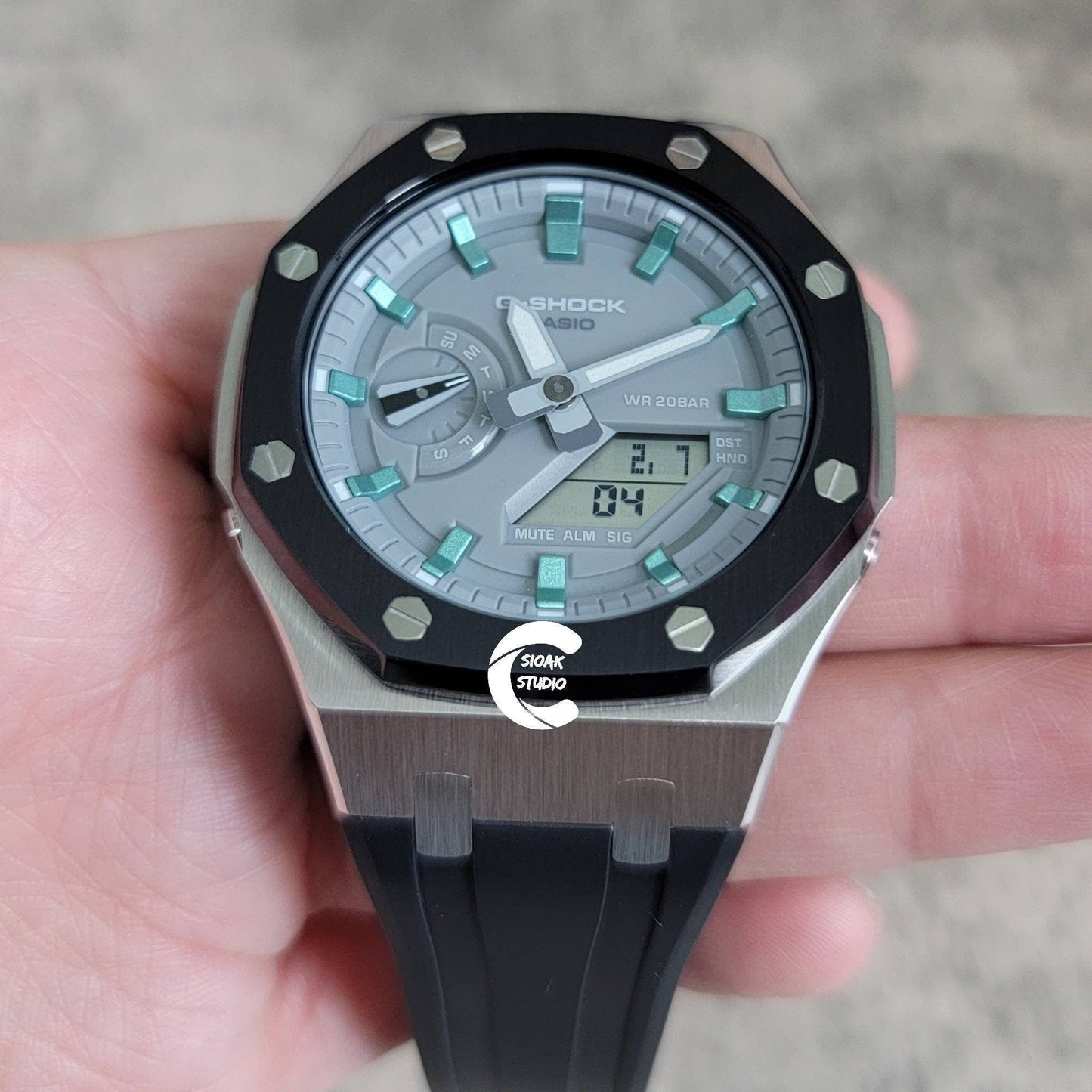 Casioak Mod Watch Black Silver Case Black Rubber Strap Light Gray Turquoise Time Mark Gray Dial 44mm- Casioak Mod Casio G-Shock Royal Oak Custom Mens Luxury Watches Ga2100