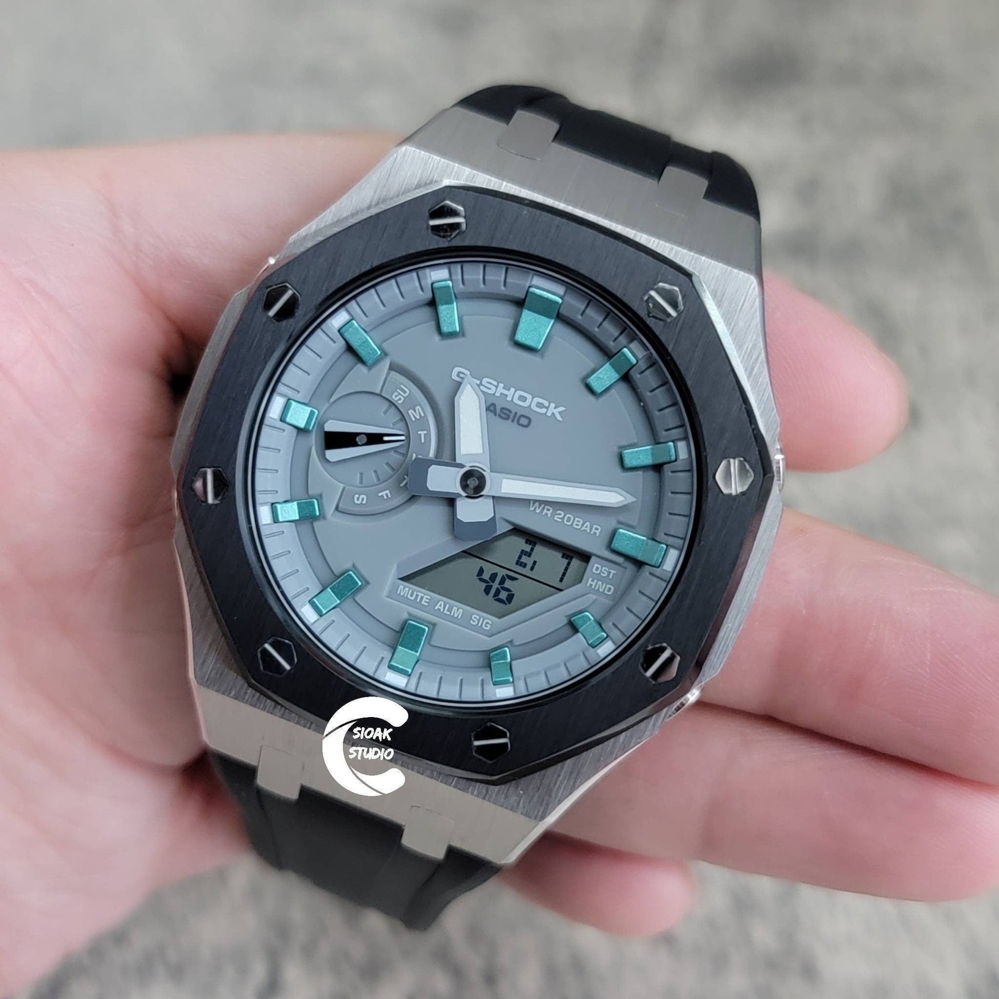 Casioak Mod Watch Black Silver Case Black Rubber Strap Light Gray Turquoise Time Mark Gray Dial 44mm- Casioak Mod Casio G-Shock Royal Oak Custom Mens Luxury Watches Ga2100