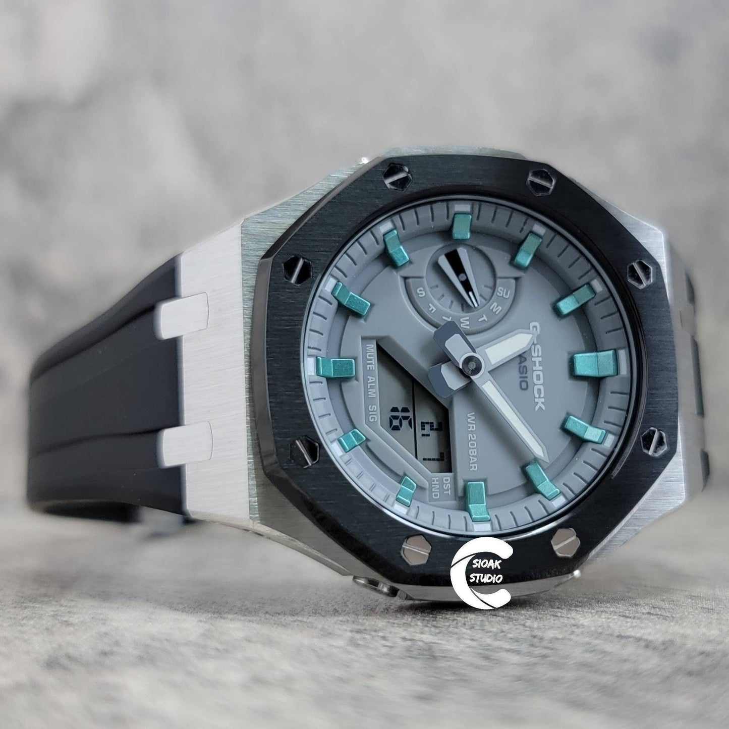 Casioak Mod Watch Black Silver Case Black Rubber Strap Light Gray Turquoise Time Mark Gray Dial 44mm- Casioak Mod Casio G-Shock Royal Oak Custom Mens Luxury Watches Ga2100