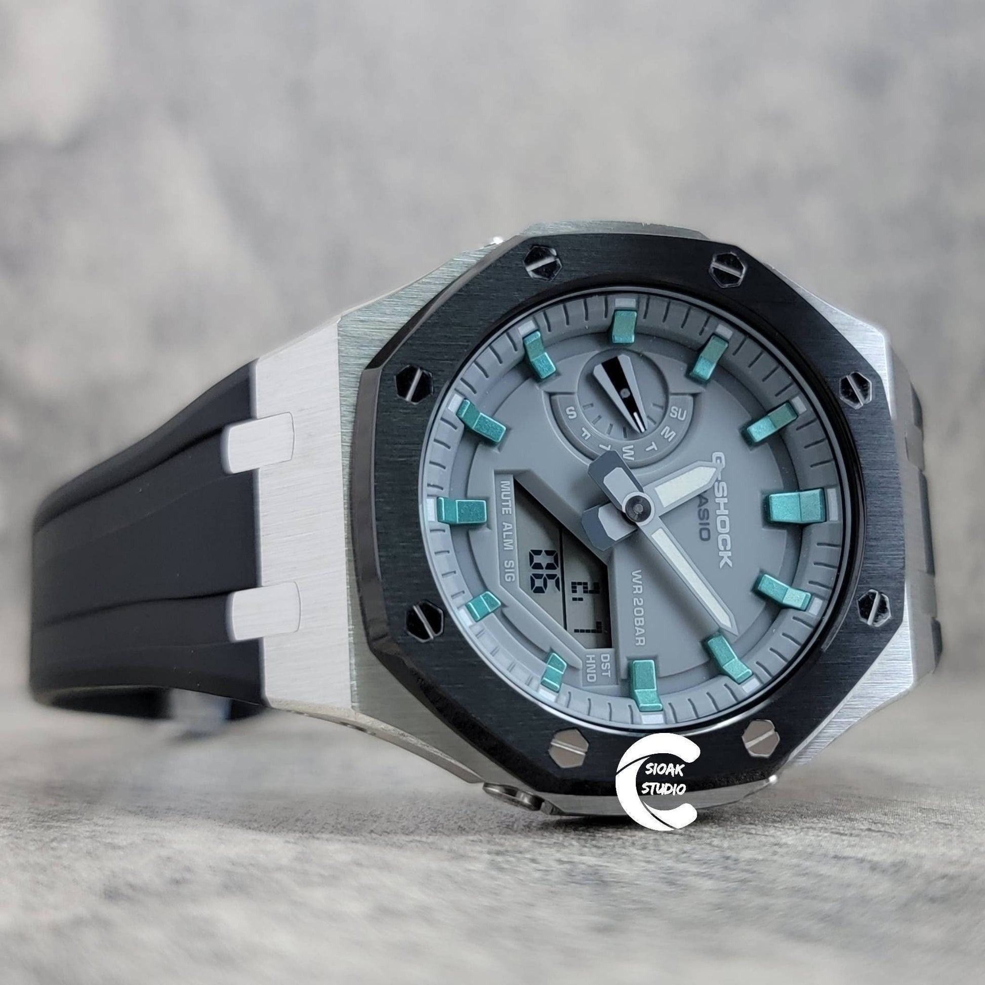 Casioak Mod Watch Black Silver Case Black Rubber Strap Light Gray Turquoise Time Mark Gray Dial 44mm- Casioak Mod Casio G-Shock Royal Oak Custom Mens Luxury Watches Ga2100