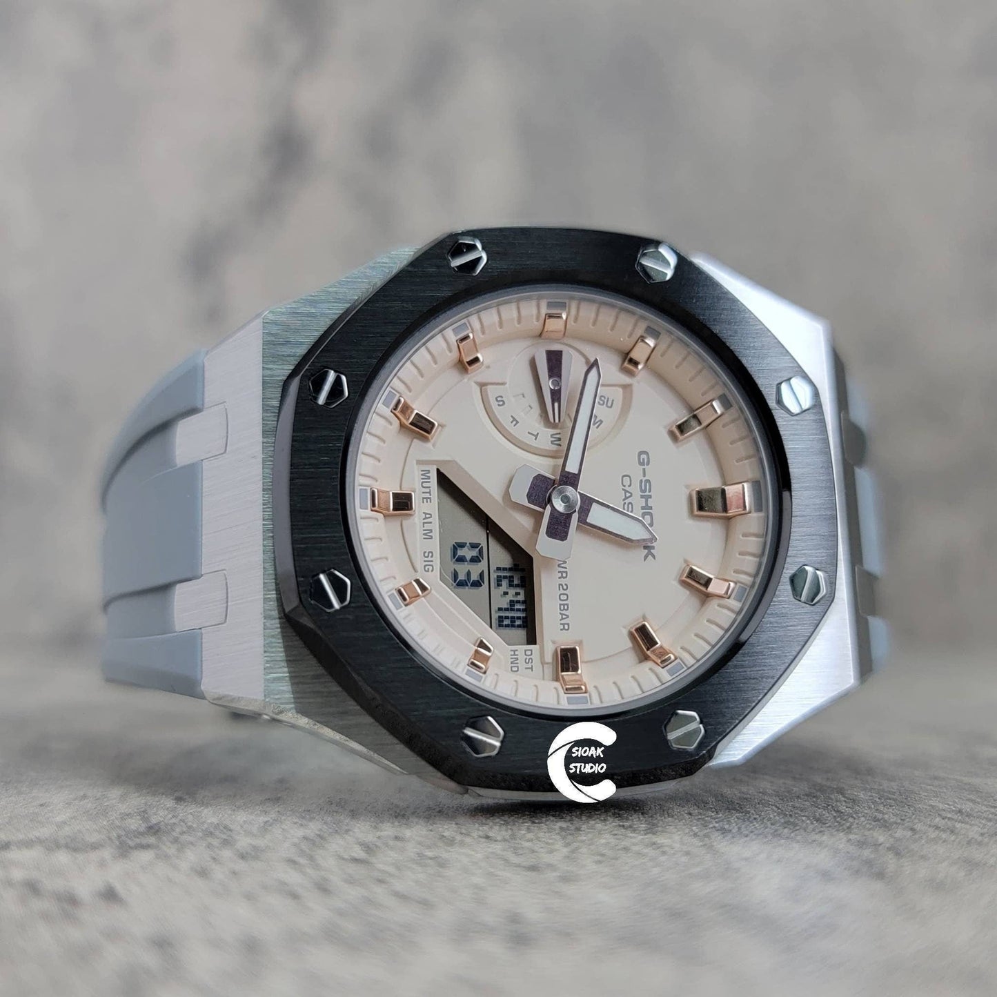 Casioak Mod Watch Black Silver Case Gray Rubber Strap Beige Rose Gold Time Mark Beige Dial 42mm- Casioak Mod Casio G-Shock Royal Oak Custom Mens Luxury Watches Ga2100