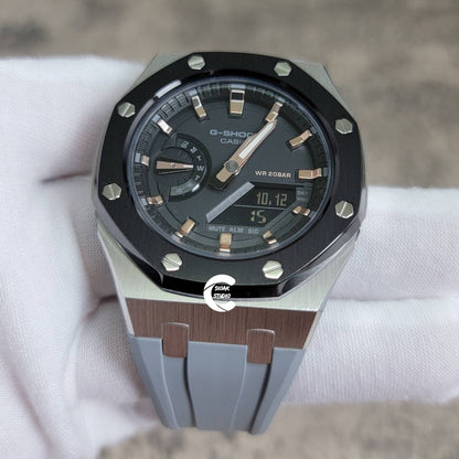 Casioak Mod Watch Black Silver Case Gray Rubber Strap Black Rose Gold Time Mark Black Dial 42mm- Casioak Mod Casio G-Shock Royal Oak Custom Mens Luxury Watches Ga2100