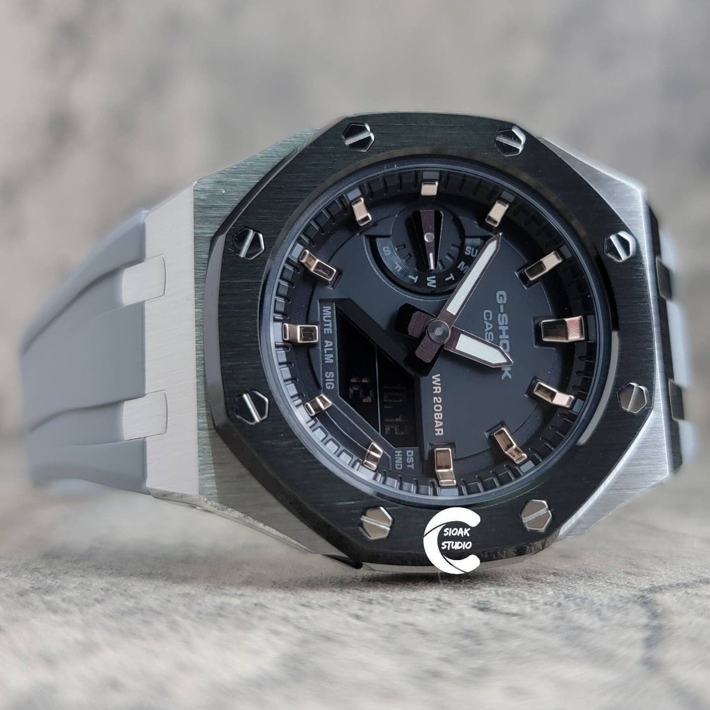 Casioak Mod Watch Black Silver Case Gray Rubber Strap Black Rose Gold Time Mark Black Dial 42mm- Casioak Mod Casio G-Shock Royal Oak Custom Mens Luxury Watches Ga2100