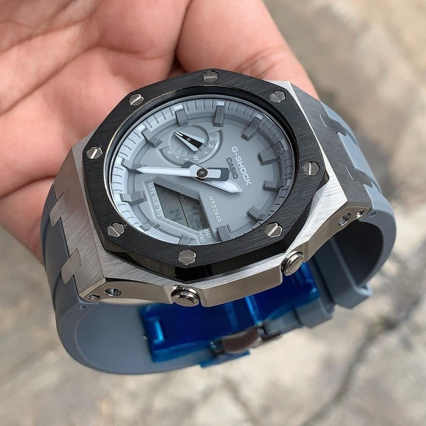 Casioak Mod Watch Black Silver Case Gray Rubber Strap Gray Time Mark Gray Dial 44mm- Casioak Mod Casio G-Shock Royal Oak Custom Mens Luxury Watches Ga2100