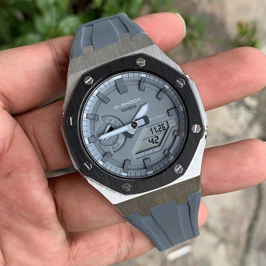 Casioak Mod Watch Black Silver Case Gray Rubber Strap Gray Time Mark Gray Dial 44mm- Casioak Mod Casio G-Shock Royal Oak Custom Mens Luxury Watches Ga2100