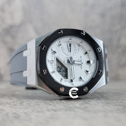 Casioak Mod Watch Black Silver Case Gray Rubber Strap White Silver Time Mark White Dial 44mm- Casioak Mod Casio G-Shock Royal Oak Custom Mens Luxury Watches Ga2100