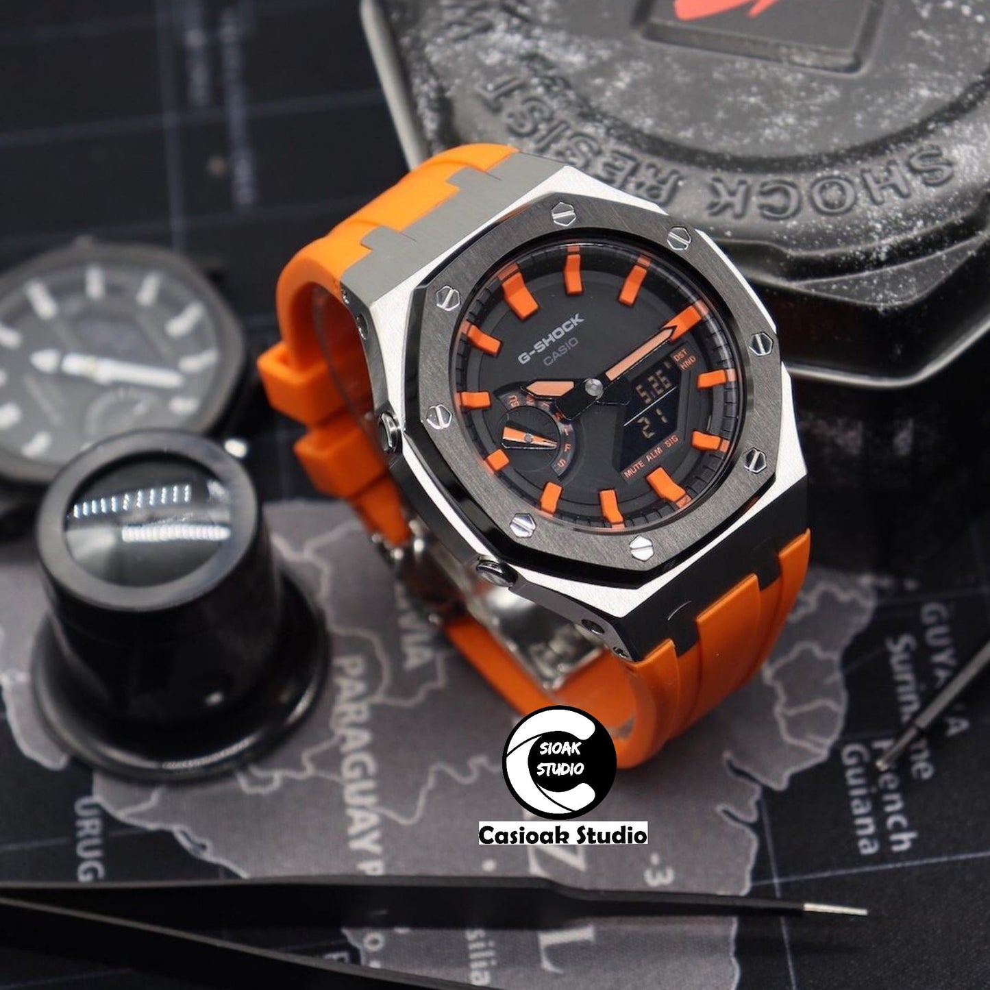 Casioak Mod Watch Black Silver Case Orange Rubber Strap Black Orange Time Mark Black Dial 44mm- Casioak Mod Casio G-Shock Royal Oak Custom Mens Luxury Watches Ga2100