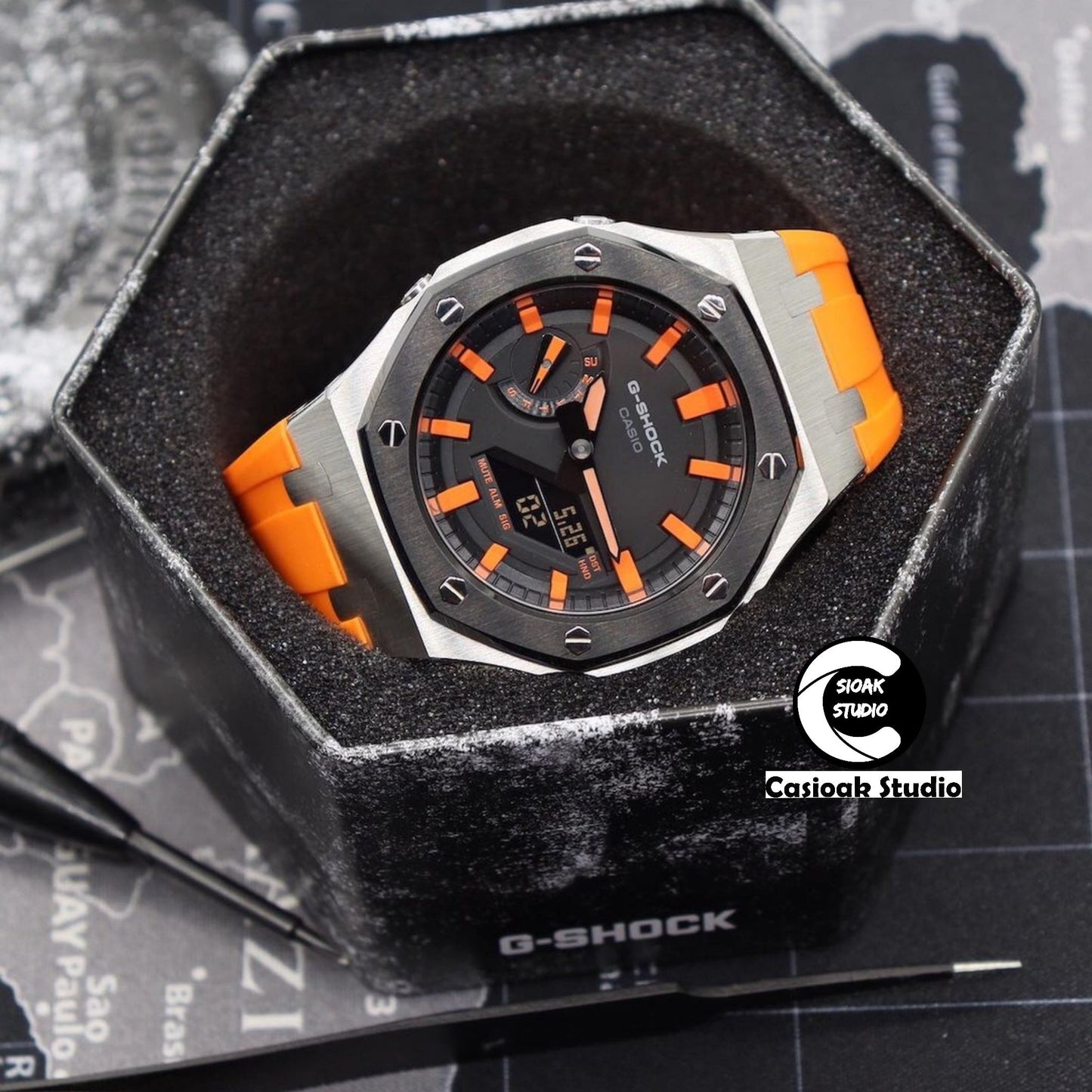 Casioak Mod Watch Black Silver Case Orange Rubber Strap Black Orange Time Mark Black Dial 44mm- Casioak Mod Casio G-Shock Royal Oak Custom Mens Luxury Watches Ga2100