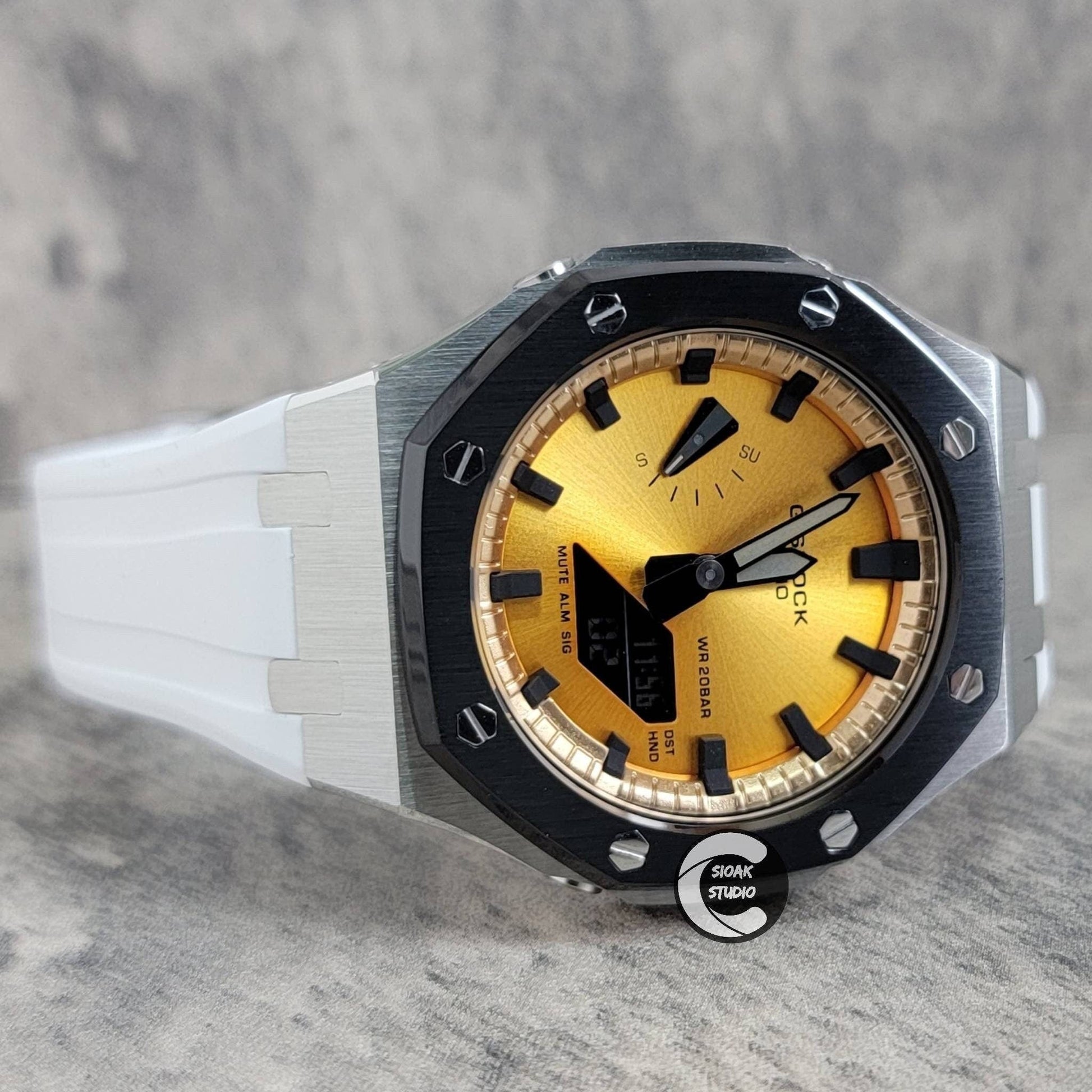 Casioak Mod Watch Black Silver Case White Rubber Strap Gold Black Time Mark Gold Dial 44mm- Casioak Mod Casio G-Shock Royal Oak Custom Mens Luxury Watches Ga2100