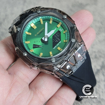 Casioak Mod Watch Black Transparent Case Black Strap Green Gold Time Mark Green Dial 44mm- Casioak Mod Casio G-Shock Royal Oak Custom Mens Luxury Watches Ga2100