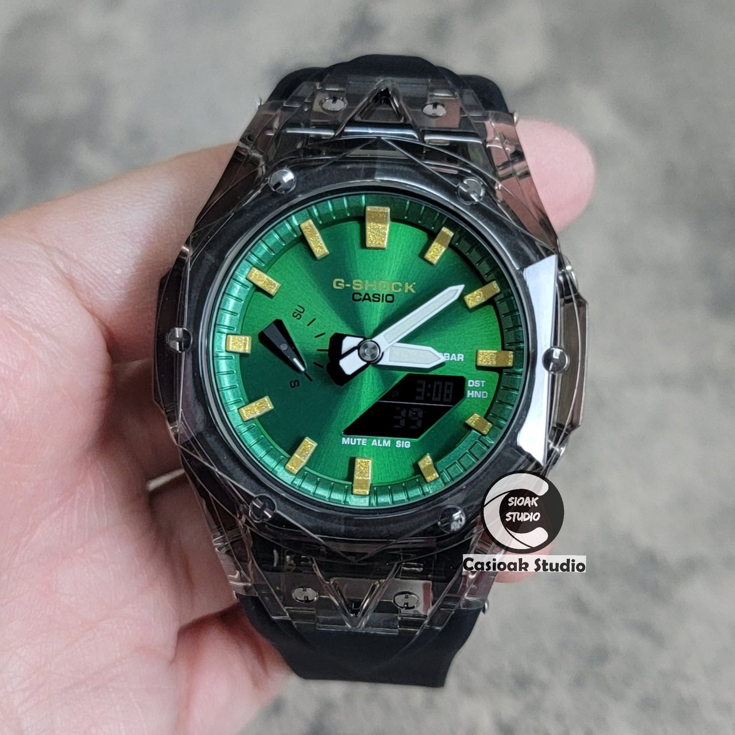 Casioak Mod Watch Black Transparent Case Black Strap Green Gold Time Mark Green Dial 44mm- Casioak Mod Casio G-Shock Royal Oak Custom Mens Luxury Watches Ga2100