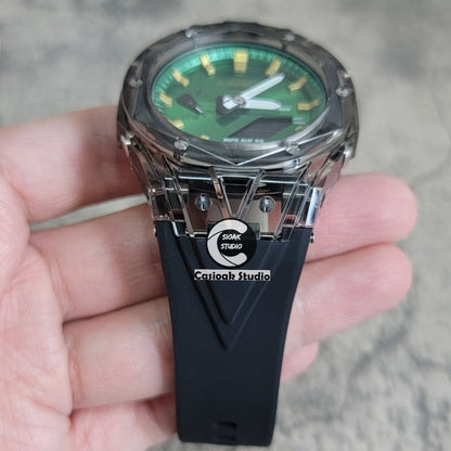 Casioak Mod Watch Black Transparent Case Black Strap Green Gold Time Mark Green Dial 44mm- Casioak Mod Casio G-Shock Royal Oak Custom Mens Luxury Watches Ga2100