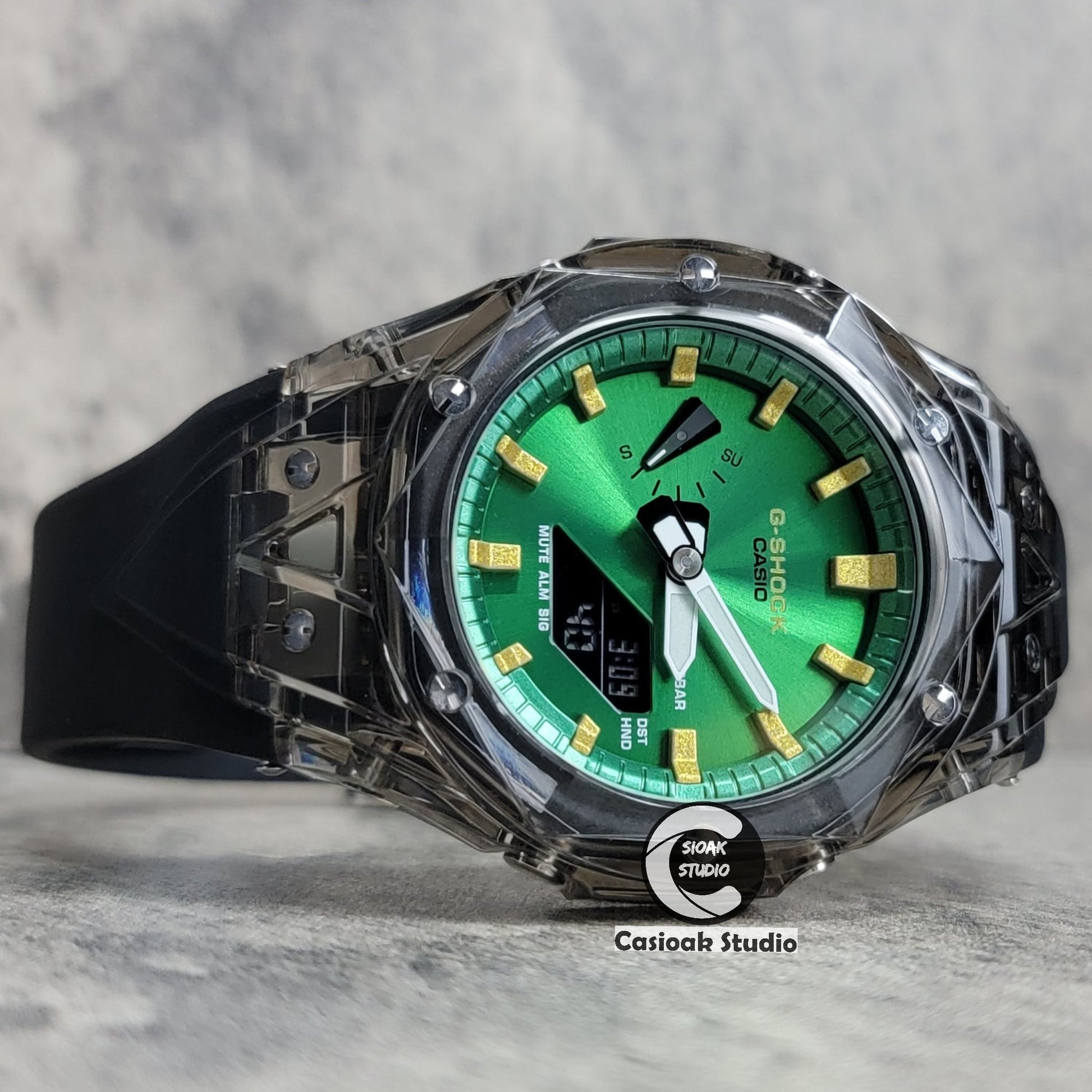 Casioak Mod Watch Black Transparent Case Black Strap Green Gold Time Mark Green Dial 44mm- Casioak Mod Casio G-Shock Royal Oak Custom Mens Luxury Watches Ga2100