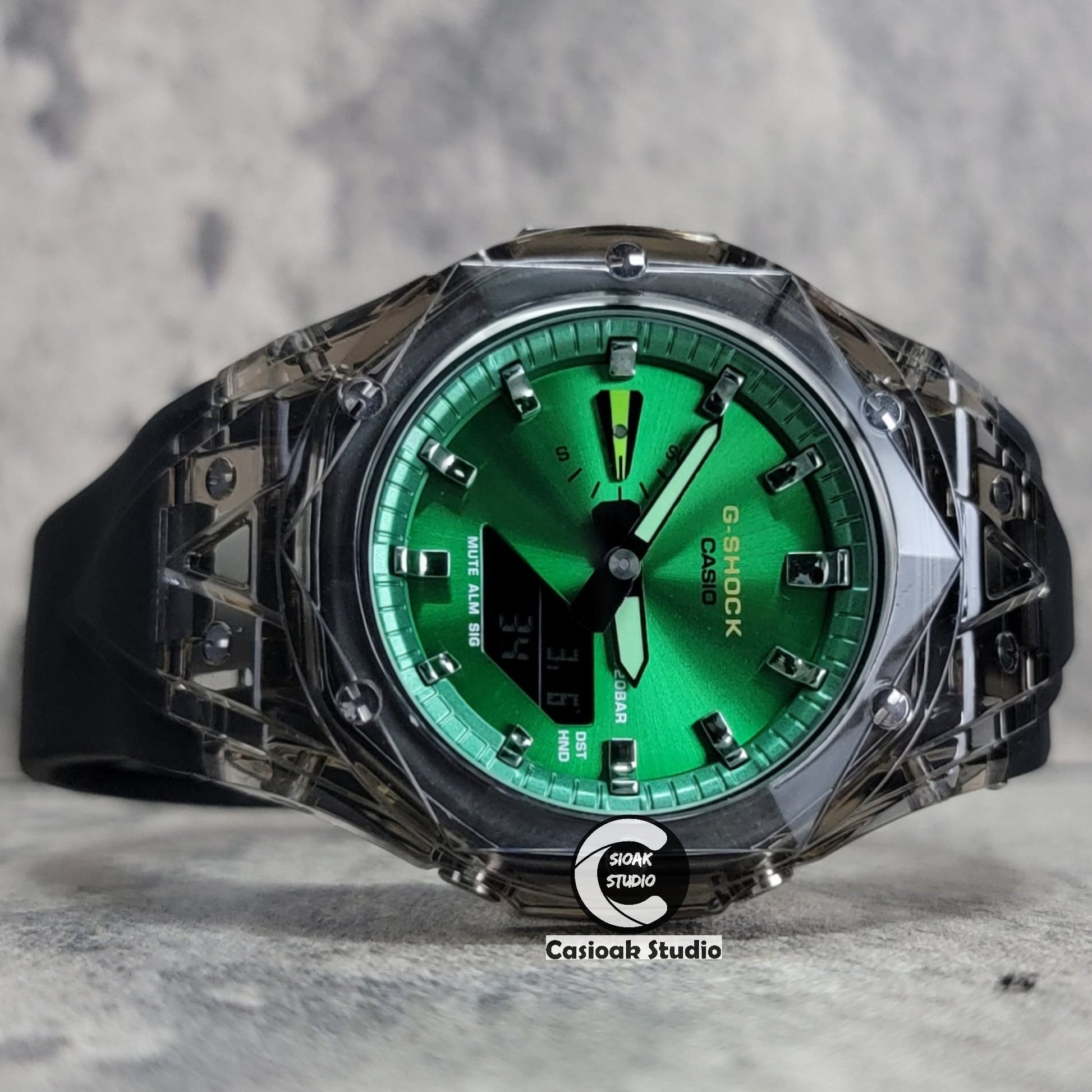 Casioak Mod Watch Black Transparent Case Black Strap Green Gunmetal Time Mark Green Dial 44mm- Casioak Mod Casio G-Shock Royal Oak Custom Mens Luxury Watches Ga2100