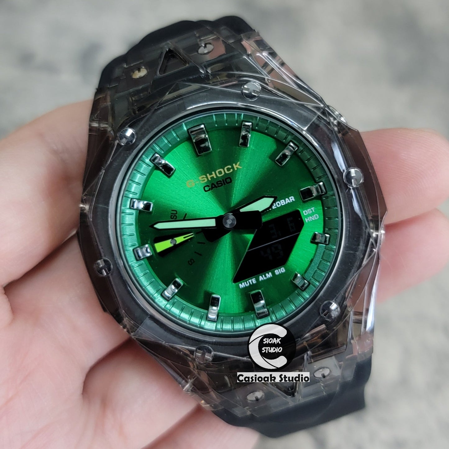 Casioak Mod Watch Black Transparent Case Black Strap Green Gunmetal Time Mark Green Dial 44mm- Casioak Mod Casio G-Shock Royal Oak Custom Mens Luxury Watches Ga2100