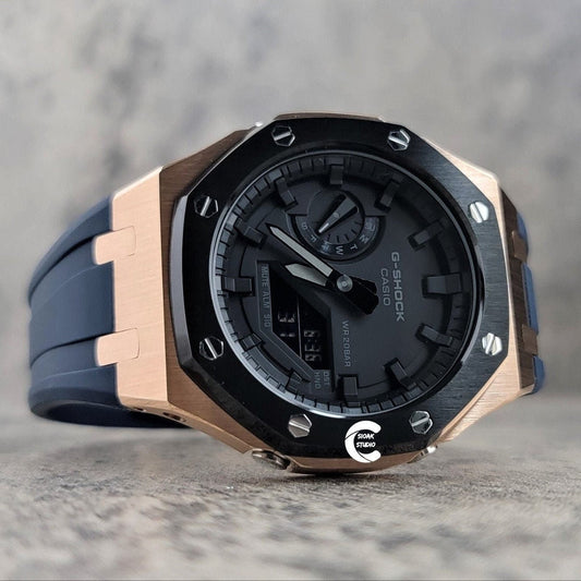 Casioak Mod Watch Blavk Rose Gold Case Blue Rubber Strap Black Time Mark Black Dial 44mm- Casioak Mod Casio G-Shock Royal Oak Custom Mens Luxury Watches Ga2100