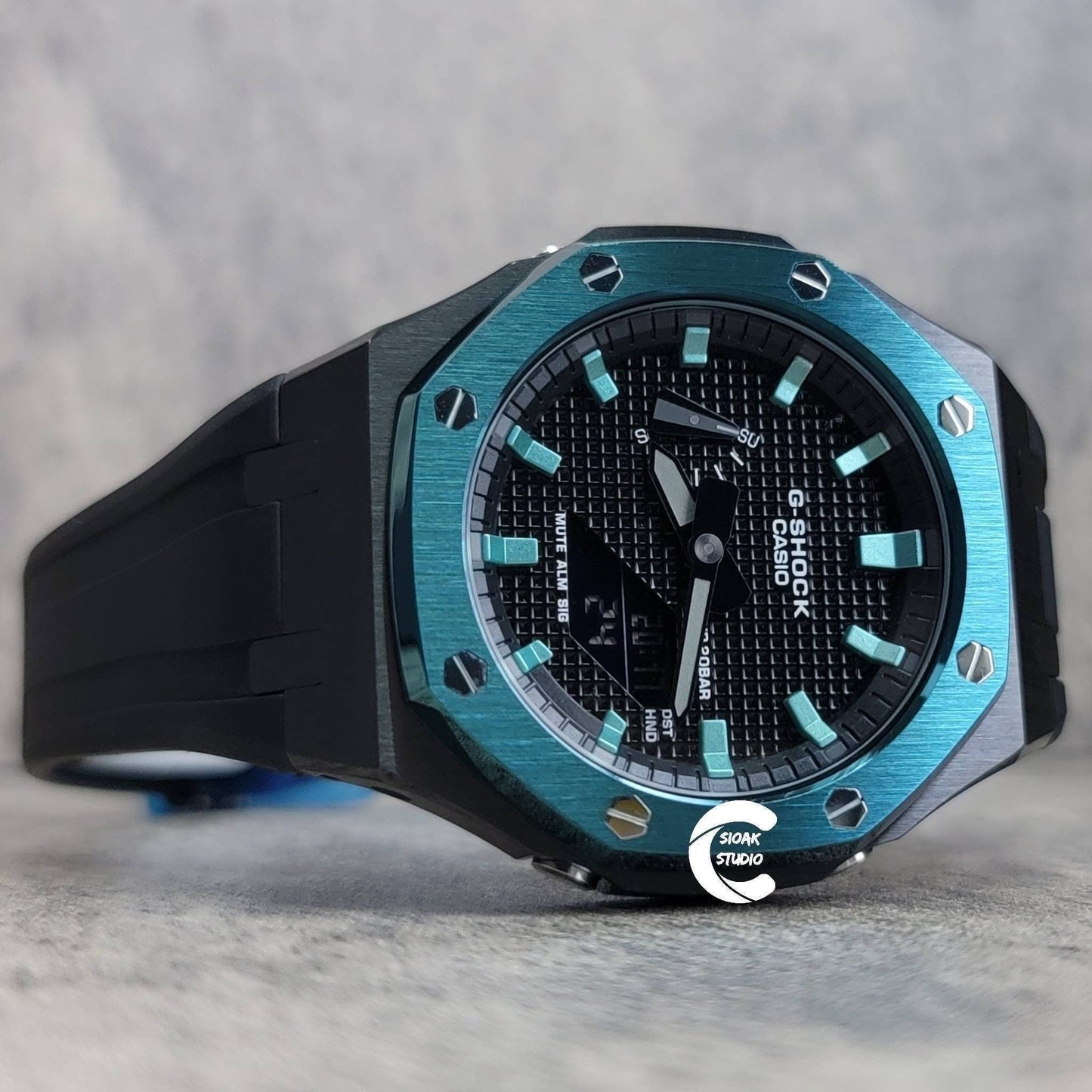 Casioak Mod Watch Blue Black Case Black Rubber Strap Black Turquoise Time Mark Black Dial 44mm- Casioak Mod Casio G-Shock Royal Oak Custom Mens Luxury Watches Ga2100