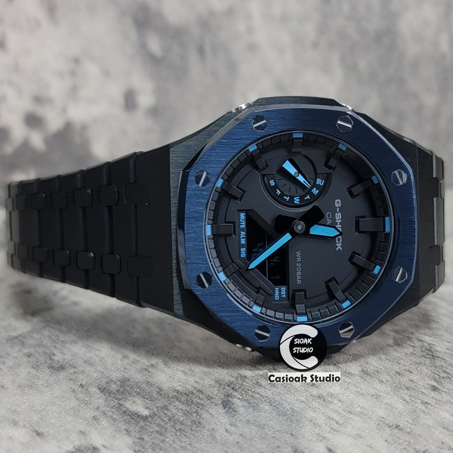 Casioak Mod Watch Blue Black Case Metal Strap Black Time Mark Black Dial 44mm- Casioak Mod Casio G-Shock Royal Oak Custom Mens Luxury Watches Ga2100