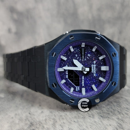 Casioak Mod Watch Blue Black Case Metal Strap Purple Silver Time Mark Purple Dial 44mm- Casioak Mod Casio G-Shock Royal Oak Custom Mens Luxury Watches Ga2100