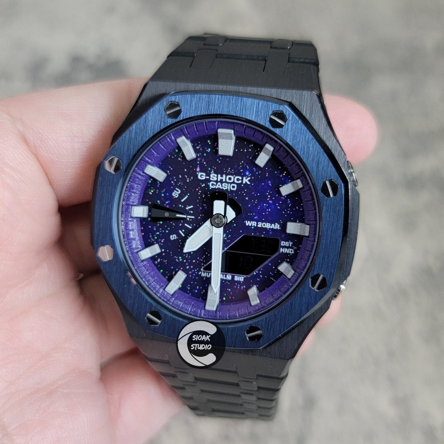 Casioak Mod Watch Blue Black Case Metal Strap Purple Silver Time Mark Purple Dial 44mm- Casioak Mod Casio G-Shock Royal Oak Custom Mens Luxury Watches Ga2100