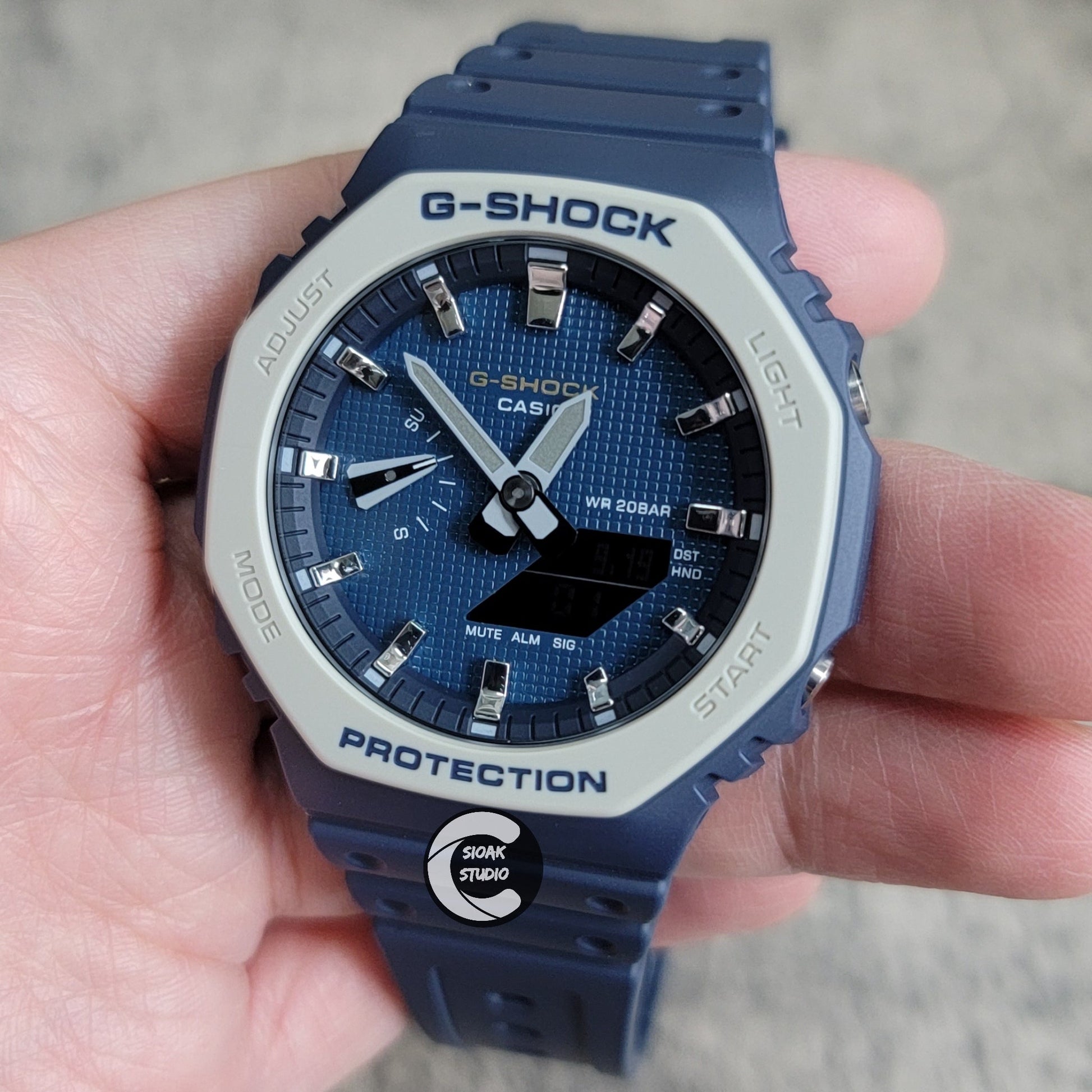 Casioak Mod Watch Blue Plastic Case Strap Silver Time Mark Blue Waffle Dial 44mm- Casioak Mod Casio G-Shock Royal Oak Custom Mens Luxury Watches Ga2100