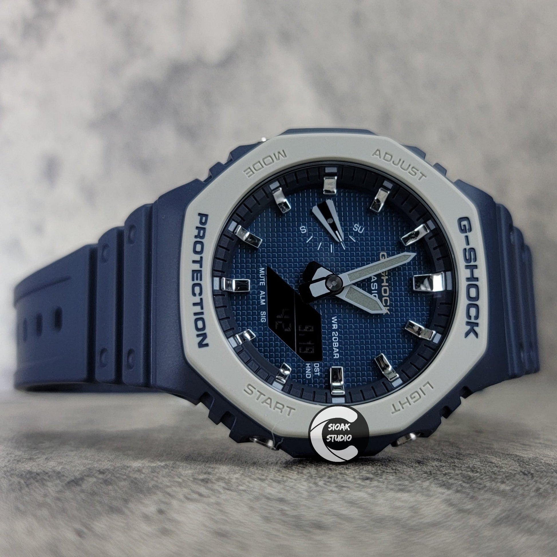 Casioak Mod Watch Blue Plastic Case Strap Silver Time Mark Blue Waffle Dial 44mm- Casioak Mod Casio G-Shock Royal Oak Custom Mens Luxury Watches Ga2100