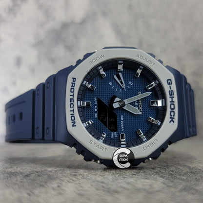 Casioak Mod Watch Blue Plastic Case Strap Silver Time Mark Blue Waffle Dial 44mm- Casioak Mod Casio G-Shock Royal Oak Custom Mens Luxury Watches Ga2100