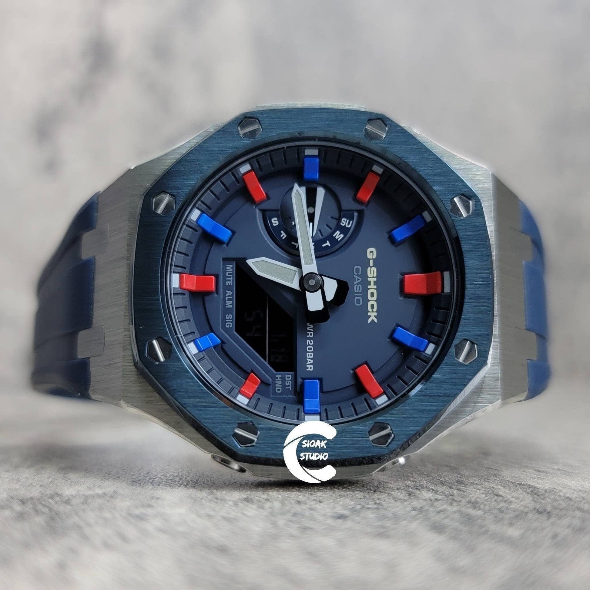 Casioak Mod Watch Blue Silver Case Black Rubber Strap Blue Red Time Mark Blue Dial 44mm- Casioak Mod Casio G-Shock Royal Oak Custom Mens Luxury Watches Ga2100