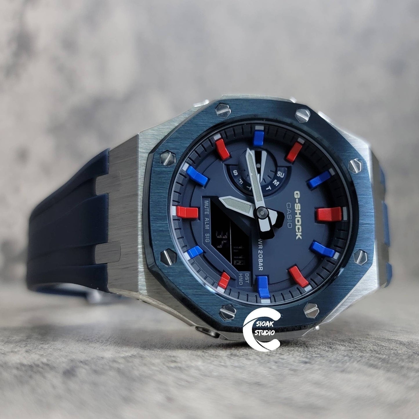 Casioak Mod Watch Blue Silver Case Black Rubber Strap Blue Red Time Mark Blue Dial 44mm- Casioak Mod Casio G-Shock Royal Oak Custom Mens Luxury Watches Ga2100