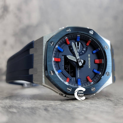 Casioak Mod Watch Blue Silver Case Black Rubber Strap Blue Red Time Mark Blue Dial 44mm- Casioak Mod Casio G-Shock Royal Oak Custom Mens Luxury Watches Ga2100