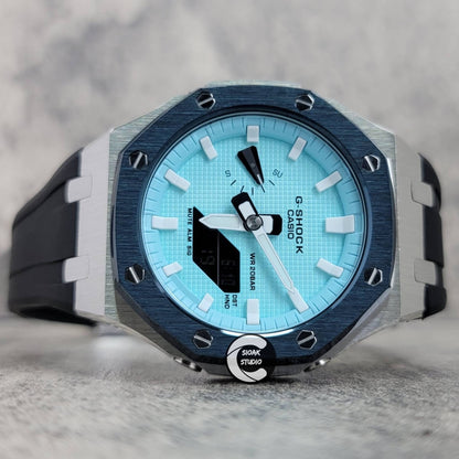 Casioak Mod Watch Blue Silver Case Black Rubber Strap Tiff Blue White Time Mark Tiff Blue Dial 44mm- Casioak Mod Casio G-Shock Royal Oak Custom Mens Luxury Watches Ga2100