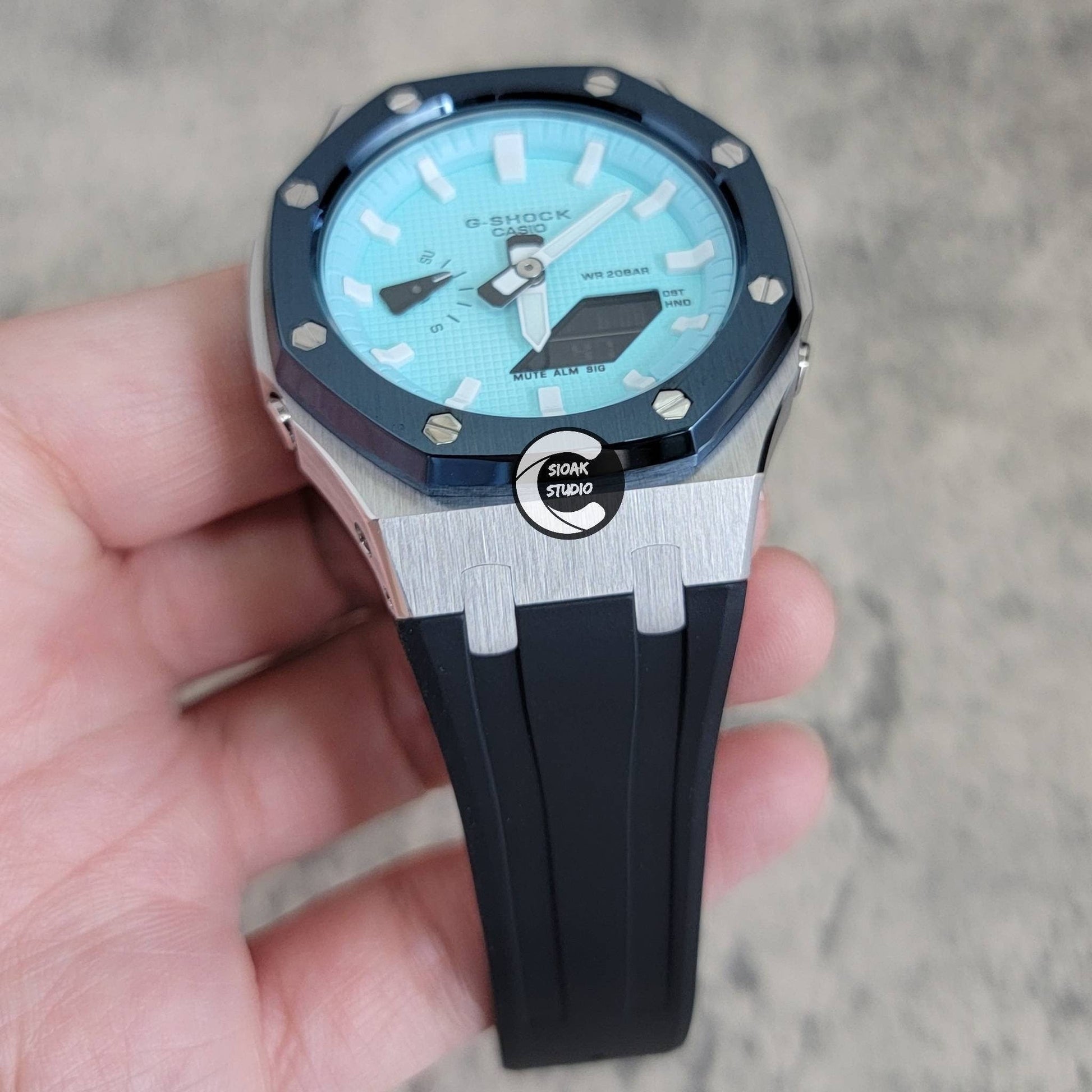 Casioak Mod Watch Blue Silver Case Black Rubber Strap Tiff Blue White Time Mark Tiff Blue Dial 44mm- Casioak Mod Casio G-Shock Royal Oak Custom Mens Luxury Watches Ga2100